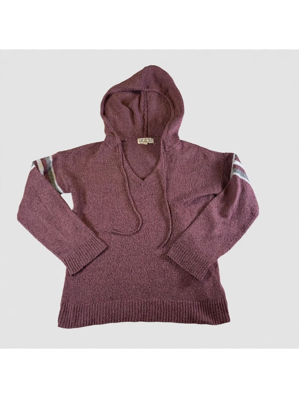 Pink Rose Womens S Mauve Hooded Knit Sweater Drawstring Striped Sleeves